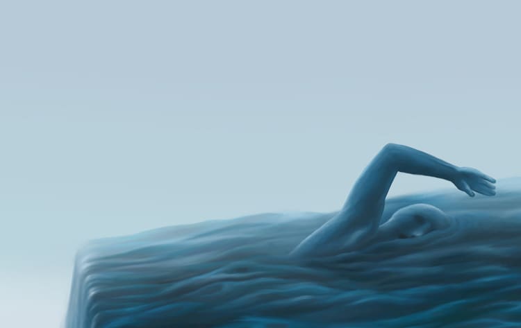 painting or illustration of person swimming upstream at the edge of a waterfall - blue tones - depression