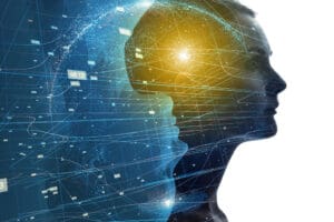 mental world of the brain -image created using a profile of a woman and lines and shapes to depict neural pathways in the brain